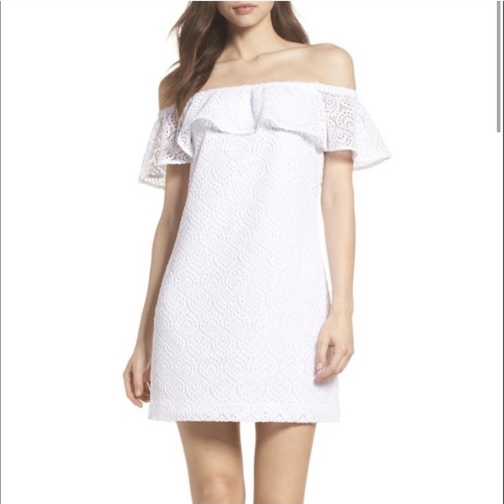 Lilly Pulitzer‎ XS White Crochet Lace Off Shoulder Dress Flounce Ruffle Mini